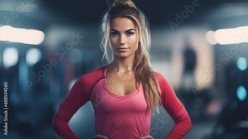 Charming  confident and attractive fitness woman trainer  professional close up portrait photo  blurred gym background  banner with free space for text