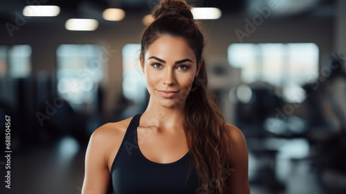 Charming, confident and attractive fitness woman trainer, professional close up portrait photo, blurred gym background, banner with free space for text
