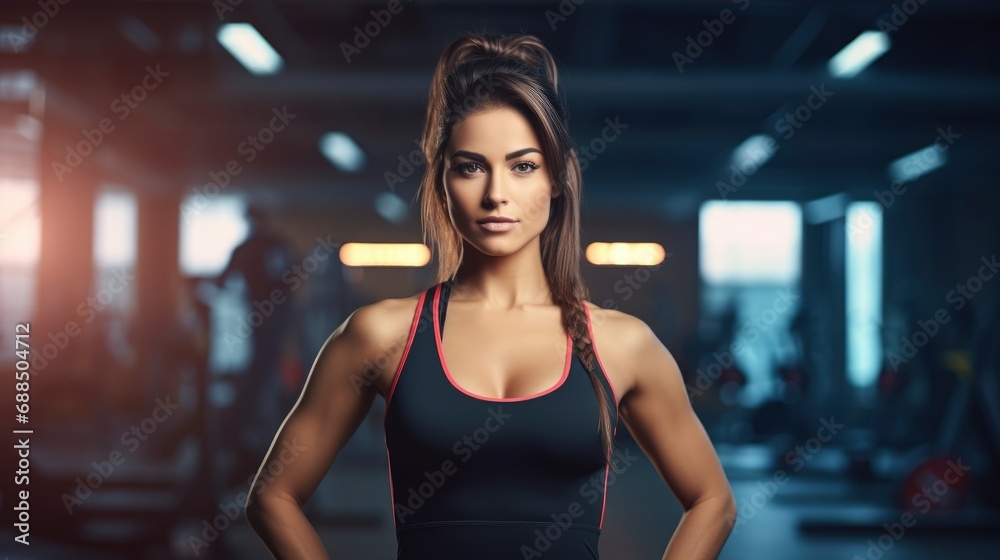 Charming, confident and attractive fitness woman trainer in fitness outfit over gym background with copy space, banner
