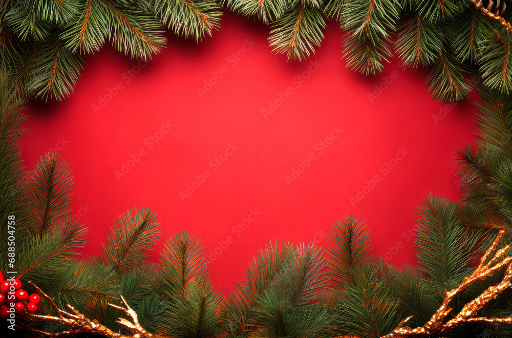 Christmas wreath background with tree branches on red surface. Merry christmas card. Happy New Year greetings. Generative Ai Christmas wreath background with tree branches on red surface. Merry christmas card. Happy New Year greetings. Generative Ai
