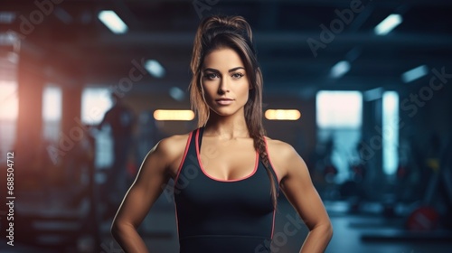 Charming, confident and attractive fitness woman trainer in fitness outfit over gym background with copy space, banner © shooreeq