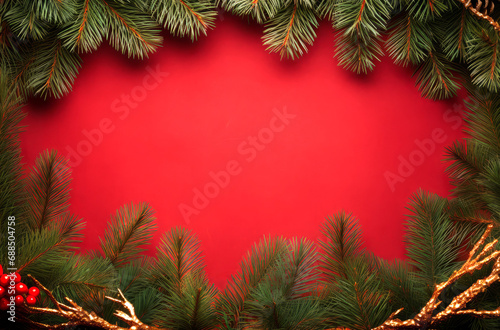 Christmas wreath background with tree branches on red surface. Merry christmas card. Happy New Year greetings. Generative Ai