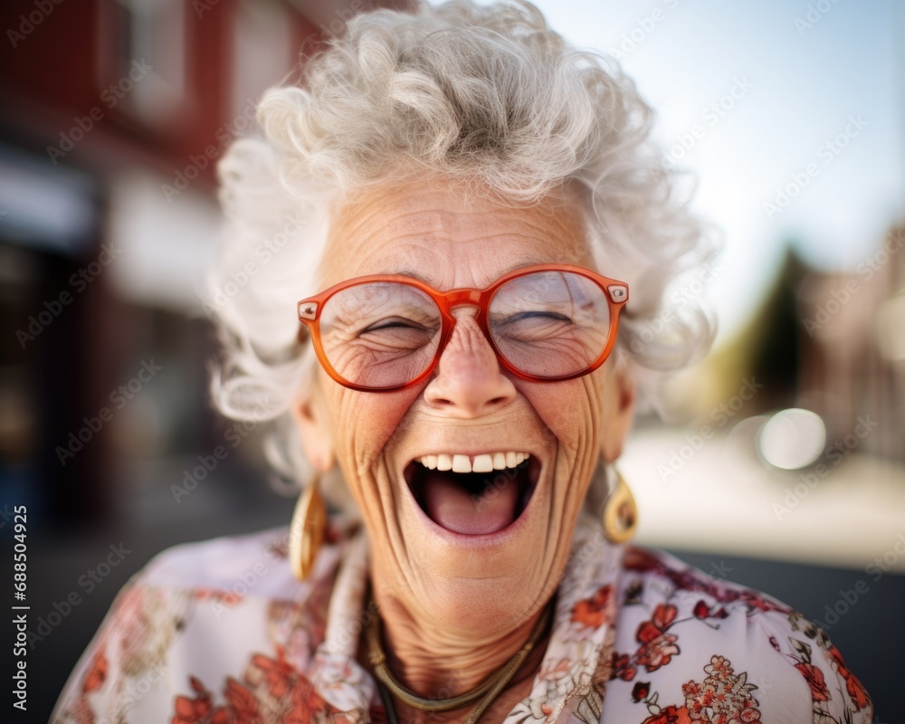 An older woman with glasses laughing on the street. Generative AI. An older woman with glasses laughing on the street. Generative AI.
