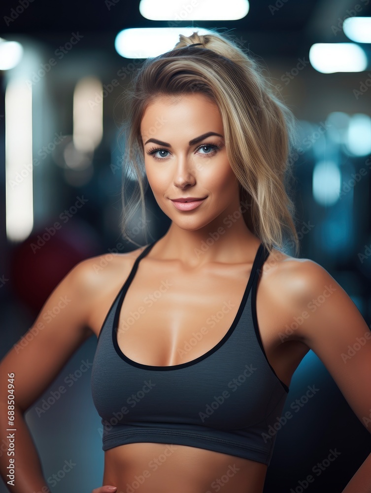 Charming, confident and attractive fitness woman trainer, professional close up portrait photo, blurred gym background