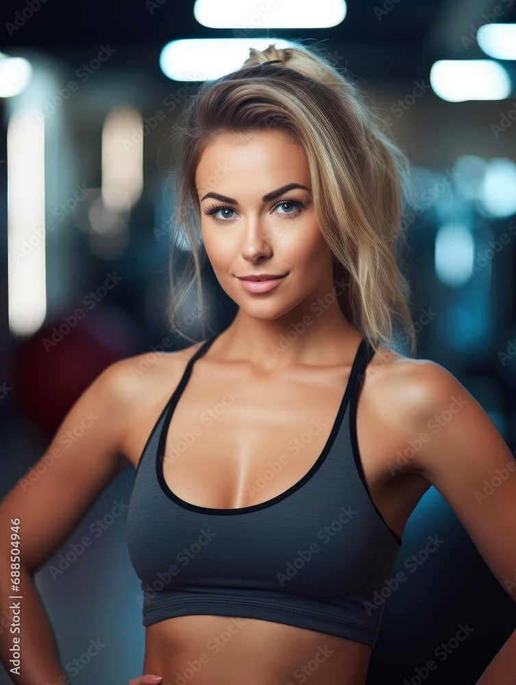 Charming, confident and attractive fitness woman trainer, professional close up portrait photo, blurred gym background Charming, confident and attractive fitness woman trainer, professional close up portrait photo, blurred gym background