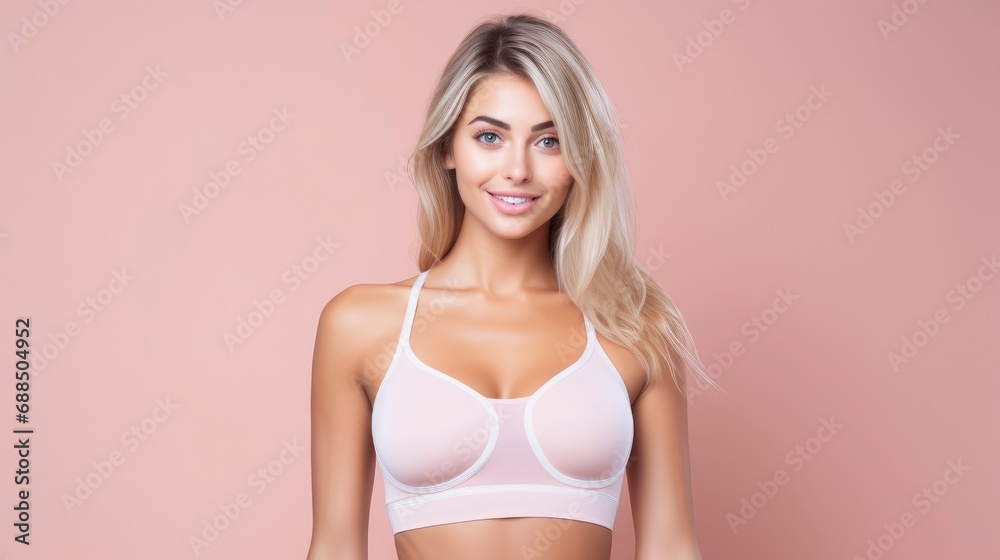 Obraz premium Charming, confident and attractive fitness woman trainer in lingerie over pastel background with copy space, banner
