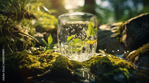 A glass of water amidst forest foliage, illustrating life's simplicity and purity
