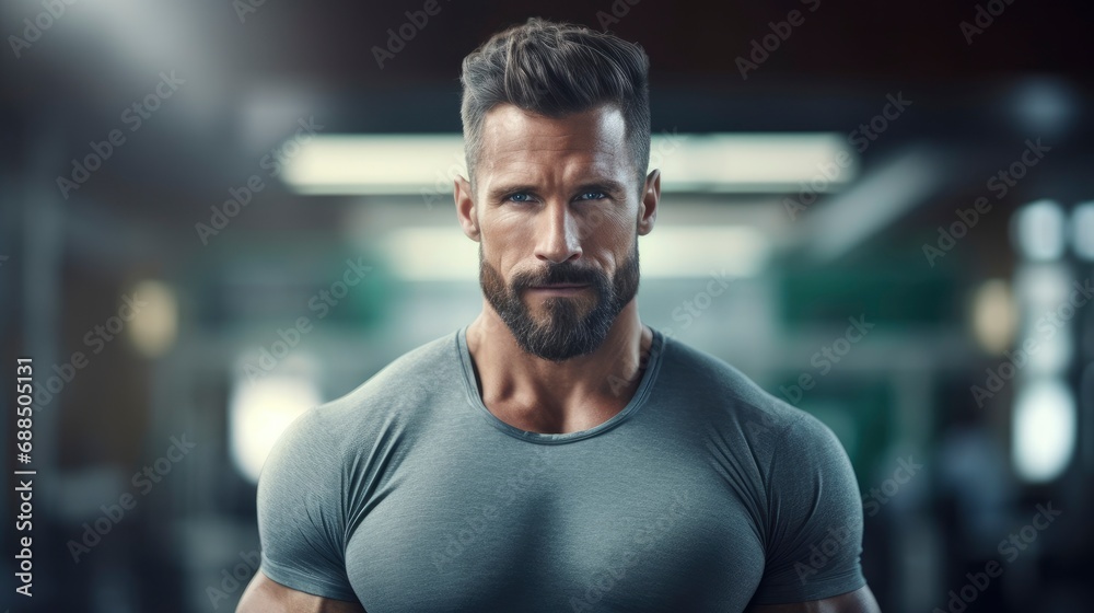 Confident handsome muscular man trainer, professional close up portrait photo, blurred gym background, banner with free space for text Confident handsome muscular man trainer, professional close up portrait photo, blurred gym background, banner with free space for text