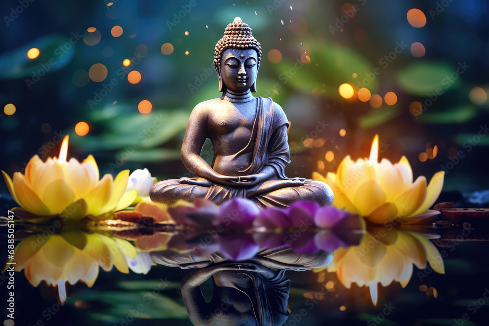 Glowing buddha statue mediating with colorful flowers around