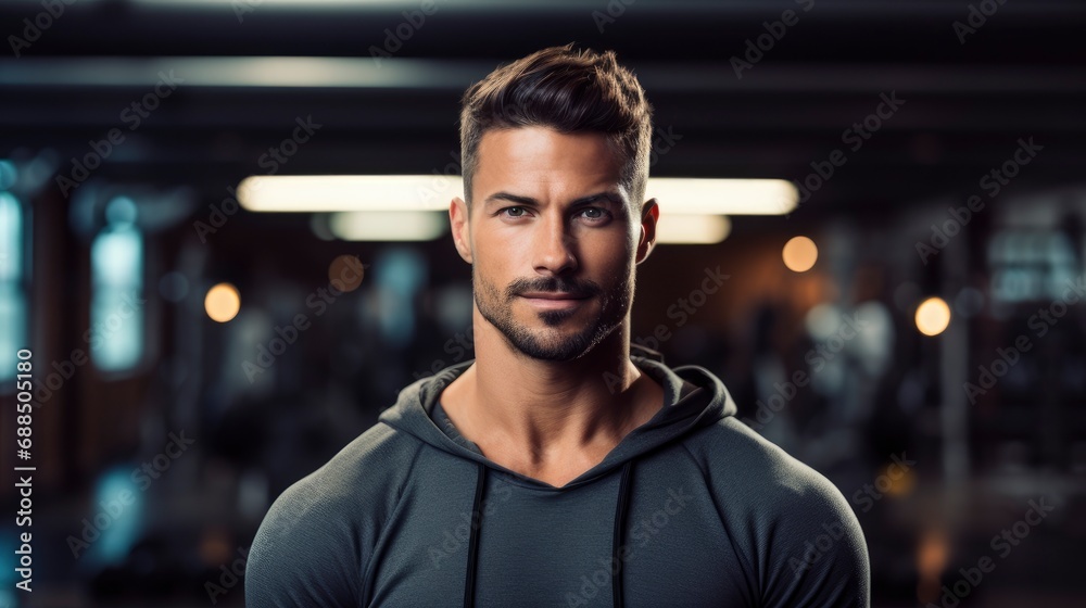Confident handsome stylish man fitness trainer, professional close up portrait photo, blurred gym background, blank space for text - obrazy, fototapety, plakaty 