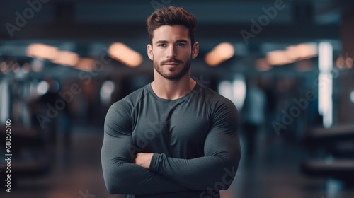 Confident handsome man fitness trainer in sportswear, professional close up portrait photo, blurred gym background, banner with copy space photo