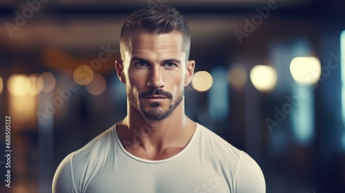Confident handsome muscular man trainer, professional close up portrait photo, blurred gym background, banner with free space for text