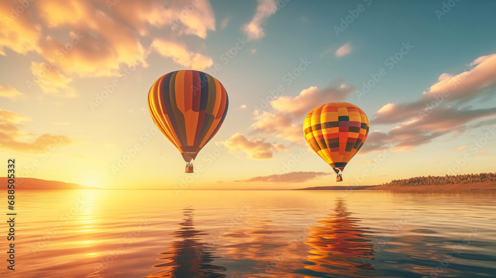 Obraz premium A group of hot air balloons flying over the amazing sea landscape at sunset. Wallpaper. Romantic view, tourism, adventure, dream concept