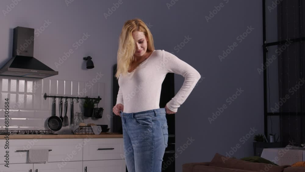 Joyful attractive middle aged woman in large pants admiring appearance and showing results of successful dieting program, expressing cheerful mood and excitement indoors. Joyful attractive middle aged woman in large pants admiring appearance and showing results of successful dieting program, expressing cheerful mood and excitement indoors.