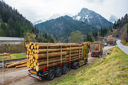 A flatbed truck loaded with timber and an empty container truck at a saw mill yard near the village of Forni Avoltri in Carnia, Udine Province, Friuli-Venezia Giulia, north east Italy