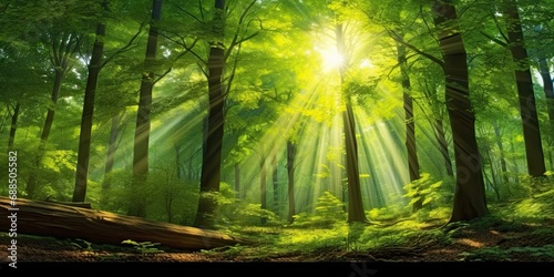 Enchanted forest. Sunlight filtering through green foliage tree on misty morning. Sunny woodland haven. Beams of light illuminate lush