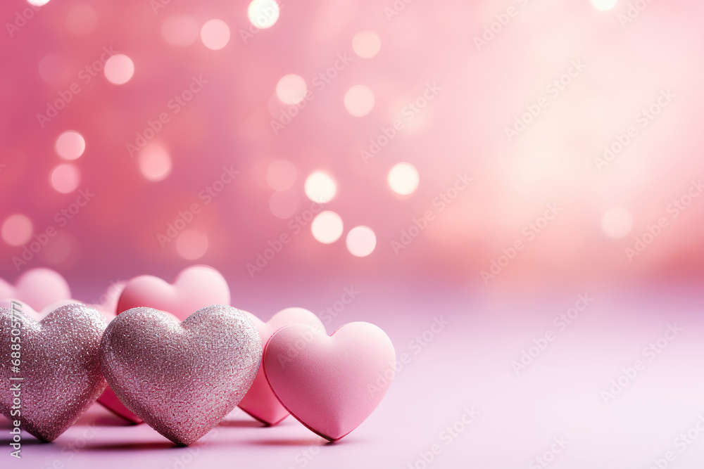Beautiful greeting background with hearts on a bokeh background. Valentine's Day concept. Generated by artificial intelligence