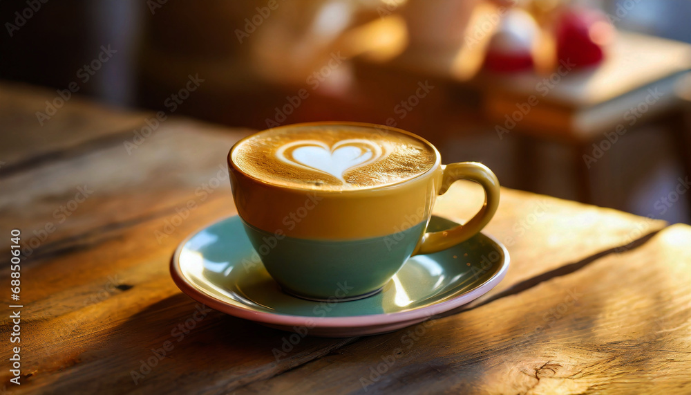 Obraz premium Coffee cup and wooden table prepared for Valentine's Day concept