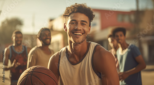 young man playing basketball on a street with friends