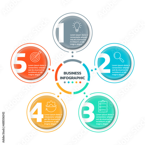 5 step diagram with five number circles. Circular chart, graph info graphic template. Business process, presentation layout design concept. Vector illustration.