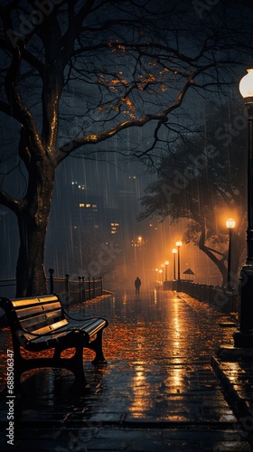 Streetlight with park bench at night and rainy weather