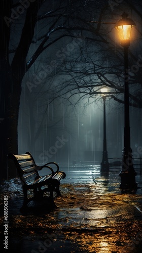 Streetlight with park bench at night and rainy weather