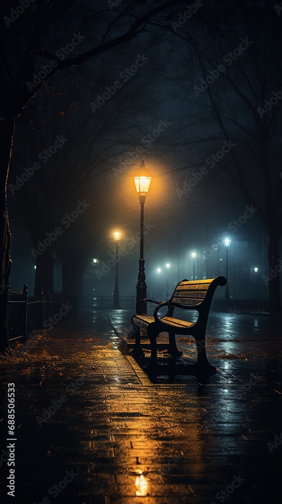 A rainy dark night and peaceful but lonely
