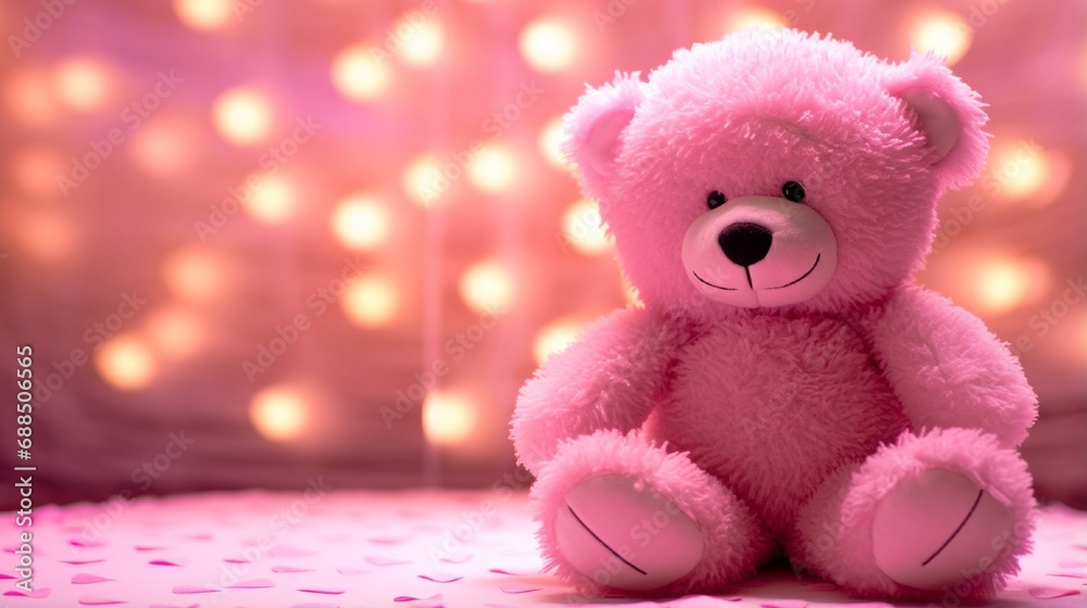 Fototapeta premium pink teddy bear on cozy lights background for valentine day generated by AI tool