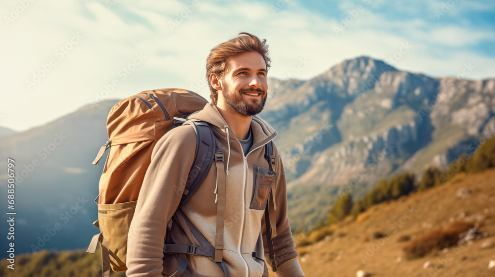 A handsome smiling man hiking in the mountains in the vacation trip weekend. Enjoying walking in the beautiful nature landscape. Trekking, tourism, active lifestyle.