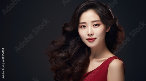 Elegant woman with flowing hair in red dress. Beauty and fashion.