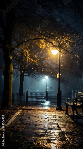 Foggy alley in the rainy city park at night with street lamps