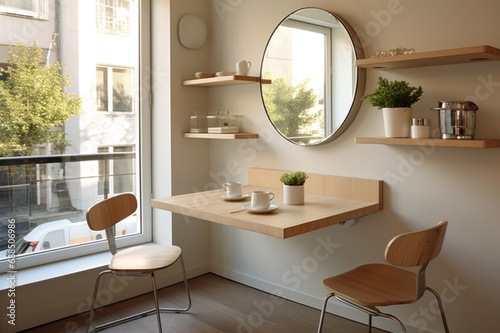 A compact dining area with a wall-mounted table  foldable chairs  and a mirror  maximizing space and creating a functional yet stylish setting