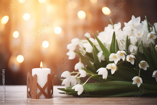 Wooden Cross, Snowdrops Flowers, and Candles on Table - Tranquil Spiritual Scene - Created with Generative AI Tools