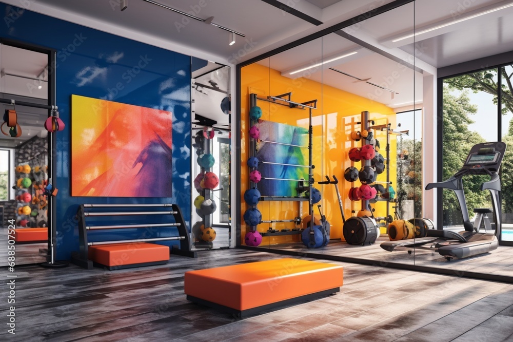 A compact home gym with wall-mounted equipment, mirrored walls, and a splash of vibrant color, creating an energizing and motivating workout space - obrazy, fototapety, plakaty 