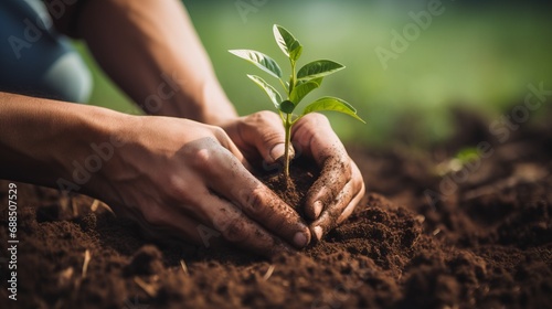 Human hands plant seedlings in the ground. Concept of agriculture, new life, new business, and Earth Day.