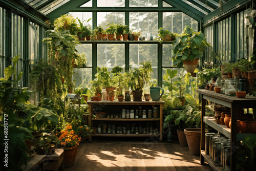 A greenhouse filled with various shades of green from different plant species  illustrating biodiversity in agriculture. Generative Ai.