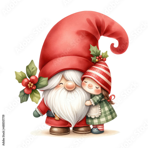 Watercolor christmas ornaments clipart. Winter couple gnome  illustration. Christmas tree, gnome, raindeer, gift box, bell