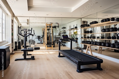 A compact home gym with wall-mounted exercise equipment, mirrored walls, and a motivational quote for fitness enthusiasts