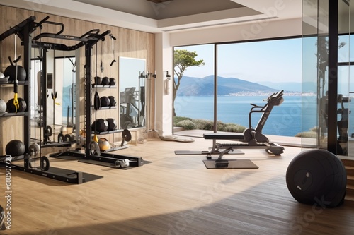 A compact home gym with wall-mounted exercise equipment, mirrored walls, and a motivational quote for fitness enthusiasts