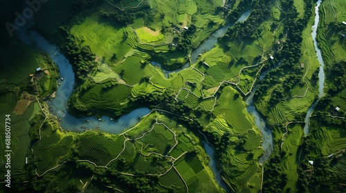 Natural landscapes with rice fields. View from above.