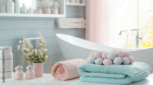 pastel Easter-inspired bathroom interior  pastel blue and pink towels and easter-egg-shaped soap