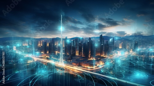 Hologram of 5g internet over a night city.