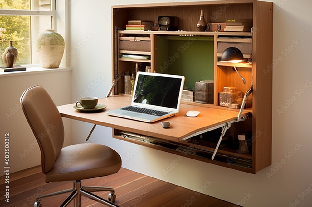 A compact home office with a fold-down desk, wall-mounted storage, and concealed technology for a versatile workspace A compact home office with a fold-down desk, wall-mounted storage, and concealed technology for a versatile workspace