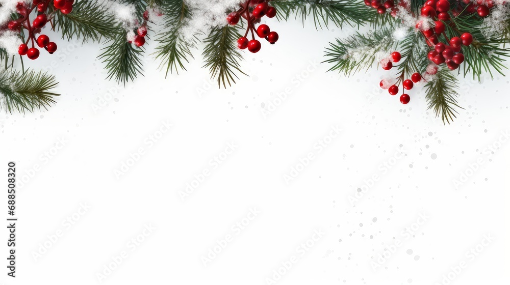 Seamless Background with realistic green fir tree branch and christmas berries. Place for text, congratulation. Christmas, New Year symbol