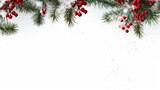 Seamless Background with realistic green fir tree branch and christmas berries. Place for text, congratulation. Christmas, New Year symbol