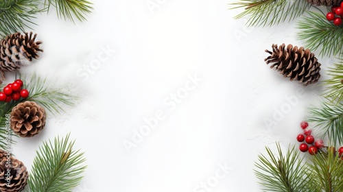 border of pine and holly branches for christmas or new year text