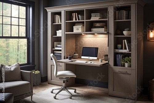 A compact home office with a fold-down desk  built-in storage  and a hidden Murphy bed  transforming the space into a versatile and multifunctional room