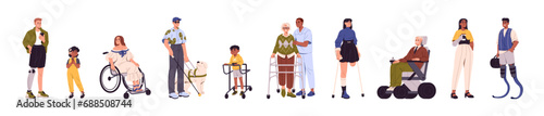 Inclusivity set. Diverse disabilited people with robotic prothesis. Blind man has guide dog. Happy kid in hearing aid, woman in wheelchair, girl without leg. Flat isolated vector illustration on white
