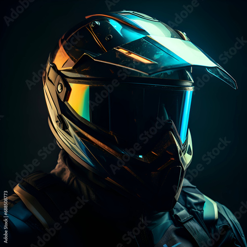 Portrait of a man in a motorcycle helmet on a dark background.
