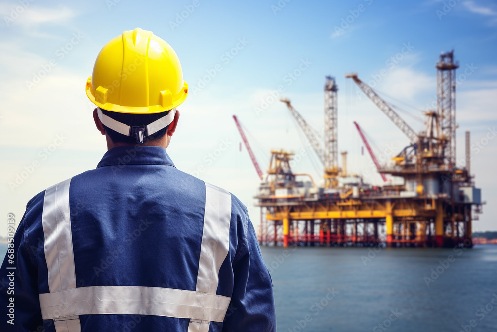 Engineer looking at oil platform, oil and gas industry Engineer looking at oil platform, oil and gas industry